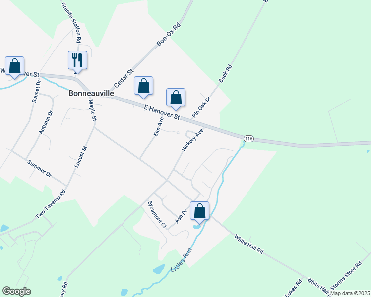 map of restaurants, bars, coffee shops, grocery stores, and more near 13 Hickory Avenue in Gettysburg