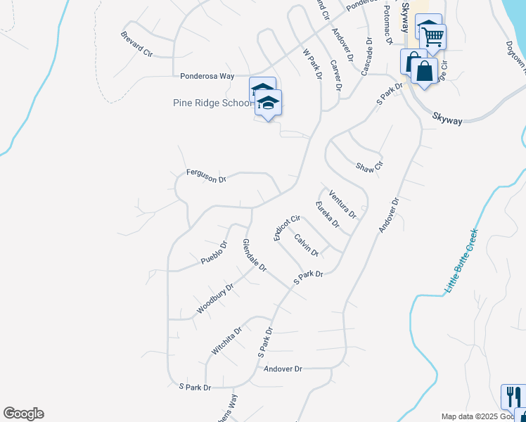map of restaurants, bars, coffee shops, grocery stores, and more near 13750 West Park Drive in Magalia