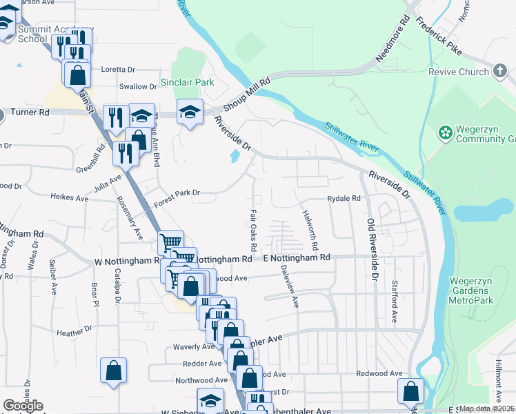 map of restaurants, bars, coffee shops, grocery stores, and more near 4366 Fair Oaks Road in Dayton