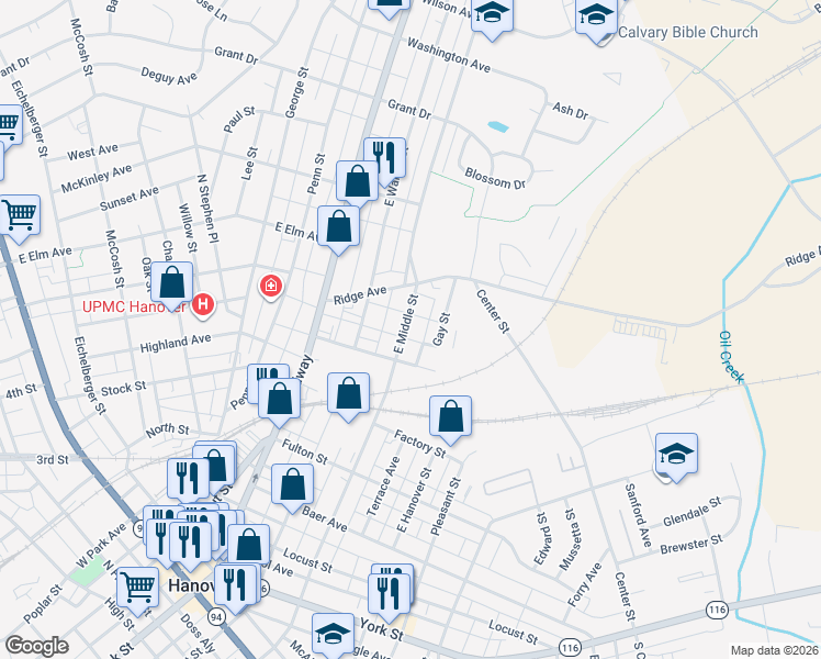 map of restaurants, bars, coffee shops, grocery stores, and more near 625 East Middle Street in Hanover
