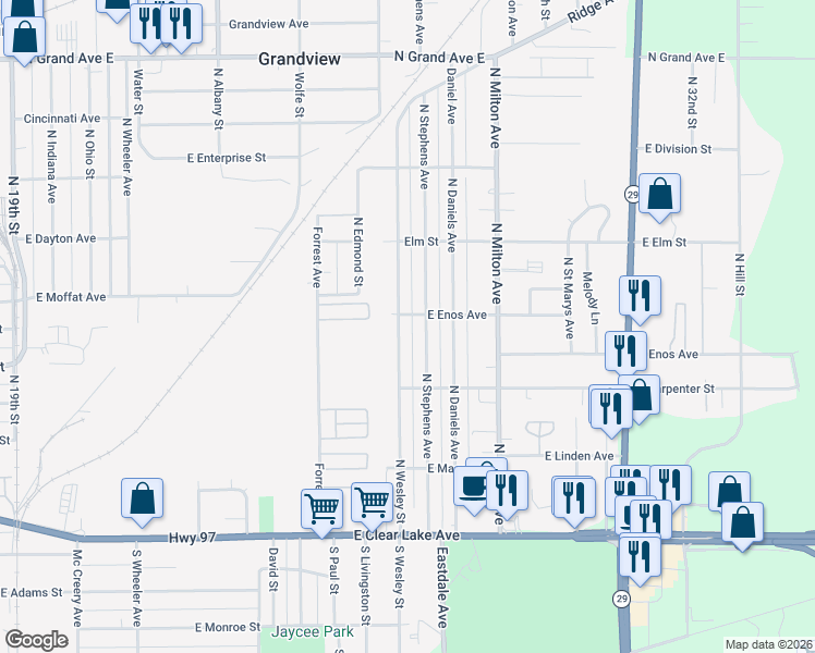 map of restaurants, bars, coffee shops, grocery stores, and more near 632 North Wesley Street in Springfield