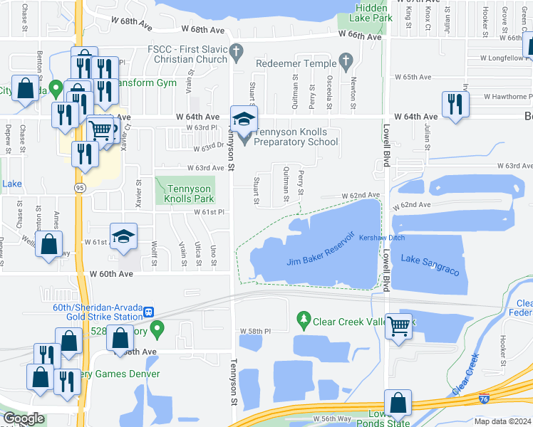 map of restaurants, bars, coffee shops, grocery stores, and more near 4214 West 61st Place in Arvada