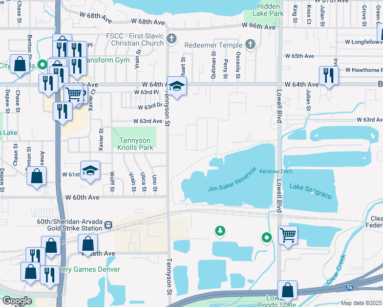 map of restaurants, bars, coffee shops, grocery stores, and more near 4214 West 61st Place in Arvada