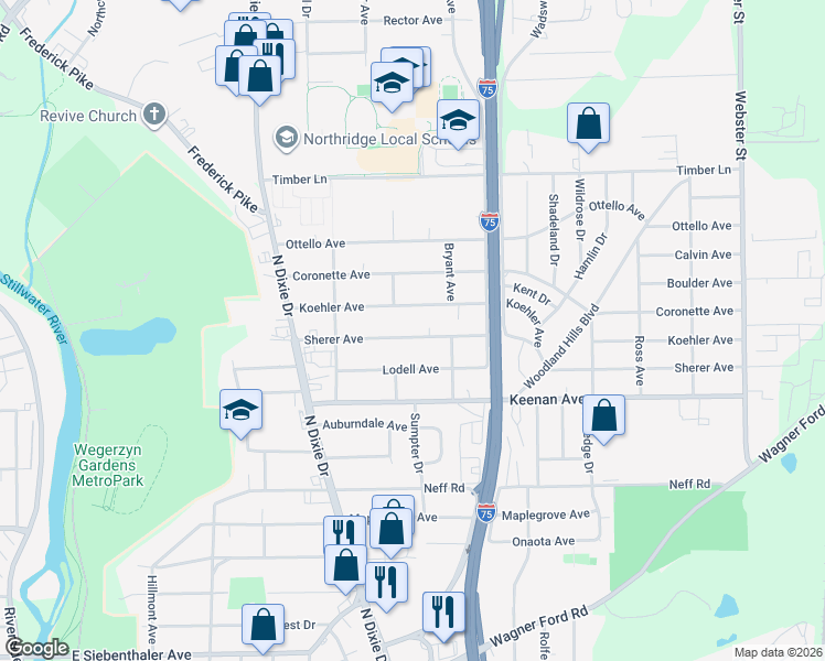 map of restaurants, bars, coffee shops, grocery stores, and more near 2227 Sherer Avenue in Dayton