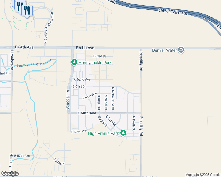 map of restaurants, bars, coffee shops, grocery stores, and more near 21328 East 61st Drive in Aurora