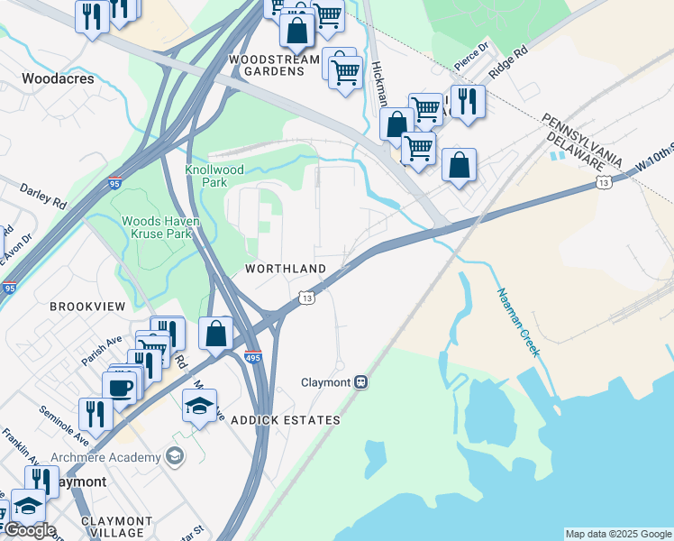 map of restaurants, bars, coffee shops, grocery stores, and more near 4500 Philadelphia Pike in Claymont
