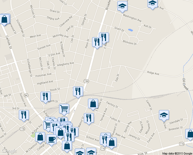 map of restaurants, bars, coffee shops, grocery stores, and more near 530 East Walnut Street in Hanover