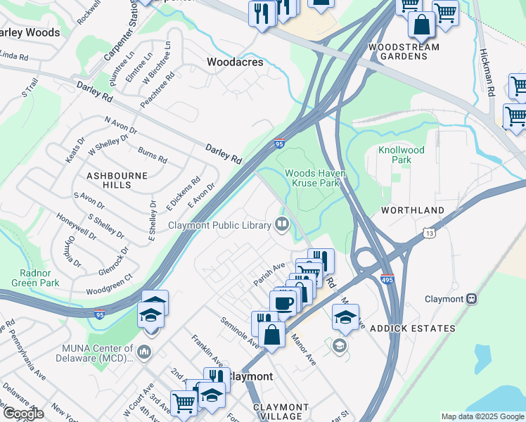 map of restaurants, bars, coffee shops, grocery stores, and more near 445 Lenape Way in Claymont