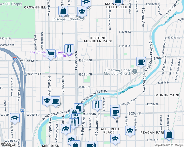 map of restaurants, bars, coffee shops, grocery stores, and more near 2905 North Talbott Street in Indianapolis