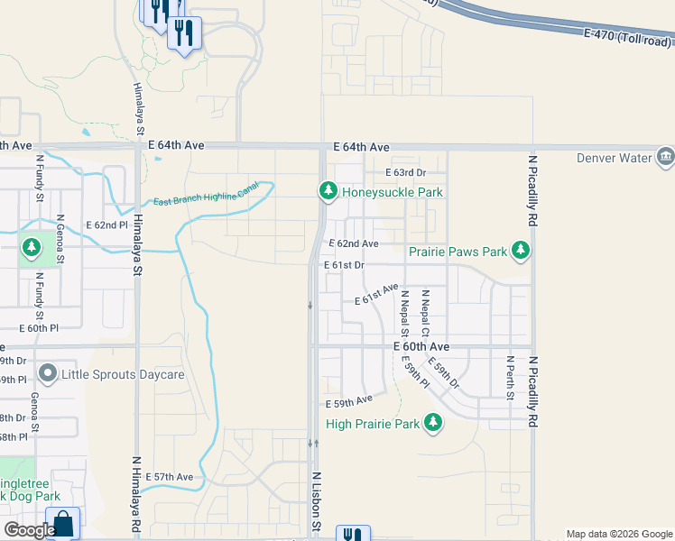 map of restaurants, bars, coffee shops, grocery stores, and more near 6192 North Liverpool Street in Aurora