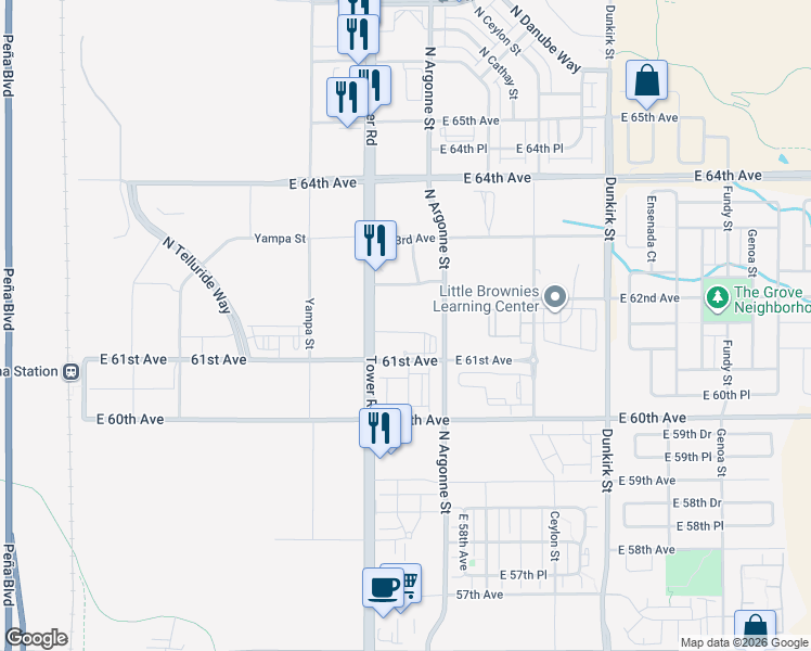map of restaurants, bars, coffee shops, grocery stores, and more near 6208 Tower Road in Denver