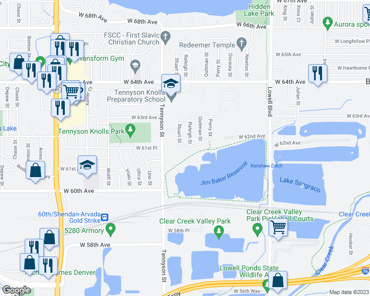 map of restaurants, bars, coffee shops, grocery stores, and more near 4214 West 61st Place in Arvada