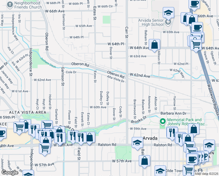 map of restaurants, bars, coffee shops, grocery stores, and more near 6165 Dover Street in Arvada