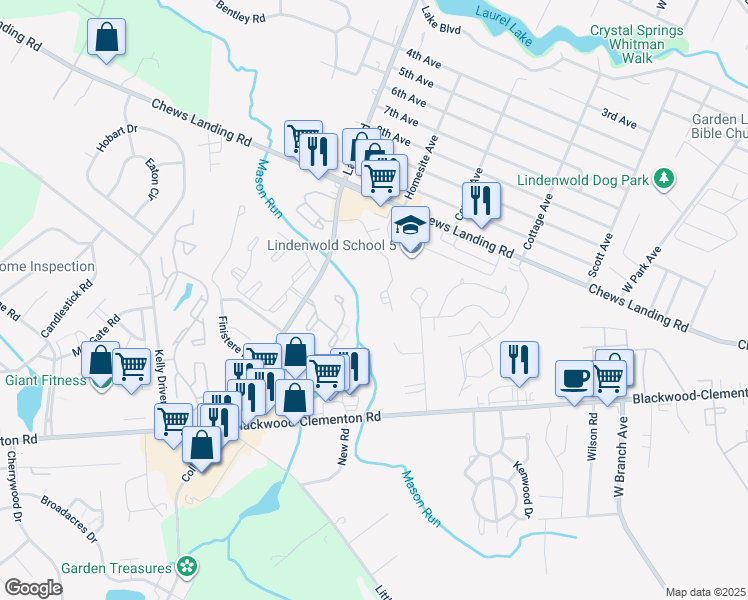map of restaurants, bars, coffee shops, grocery stores, and more near 2713 Greenwood Drive in Lindenwold