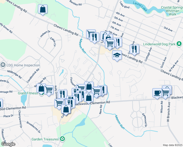 map of restaurants, bars, coffee shops, grocery stores, and more near 2311 Timber Creek in Clementon