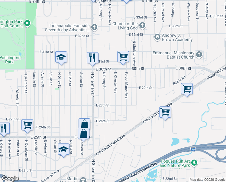 map of restaurants, bars, coffee shops, grocery stores, and more near 2862 North Chester Avenue in Indianapolis