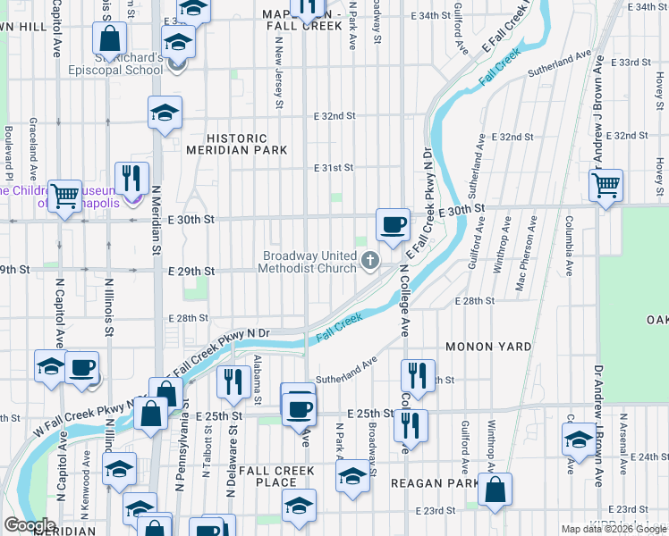 map of restaurants, bars, coffee shops, grocery stores, and more near 536 East 29th Street in Indianapolis