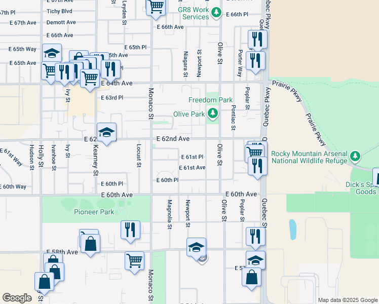 map of restaurants, bars, coffee shops, grocery stores, and more near 6831 East 61st Place in Commerce City