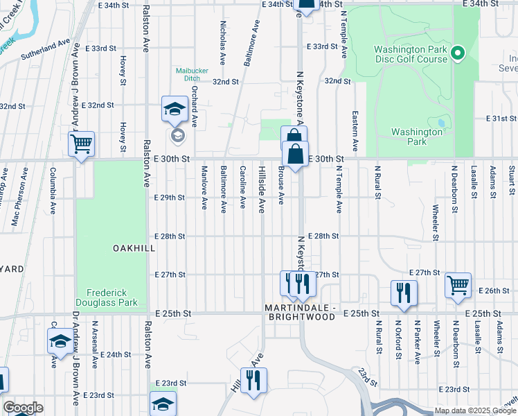 map of restaurants, bars, coffee shops, grocery stores, and more near 2845 Hillside Avenue in Indianapolis