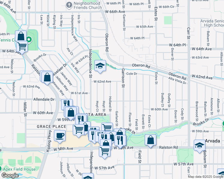 map of restaurants, bars, coffee shops, grocery stores, and more near 6142 Holland Street in Arvada
