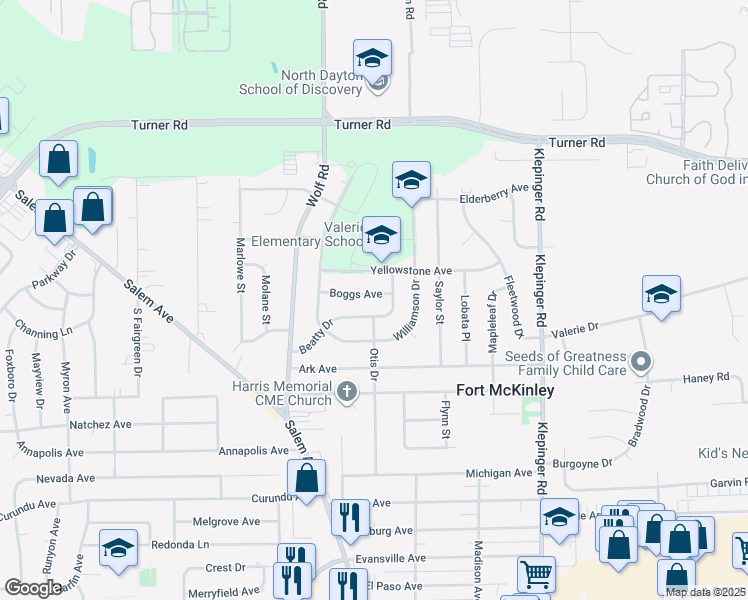 map of restaurants, bars, coffee shops, grocery stores, and more near 3884 Boggs Avenue in Dayton