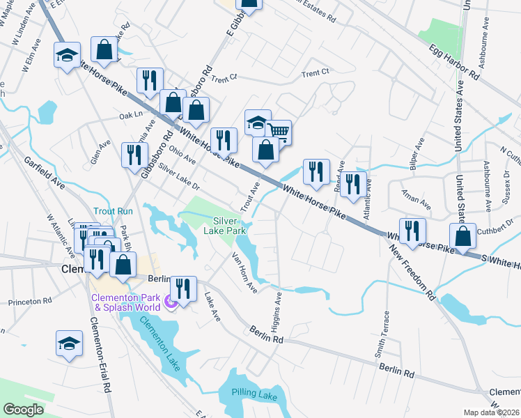 map of restaurants, bars, coffee shops, grocery stores, and more near 121 Trout Avenue in Clementon