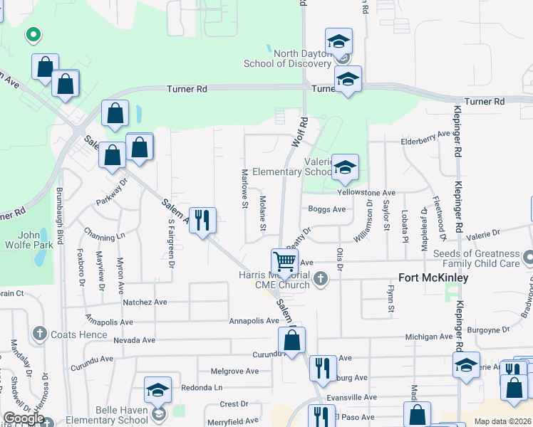 map of restaurants, bars, coffee shops, grocery stores, and more near 4216 Molane Street in Dayton