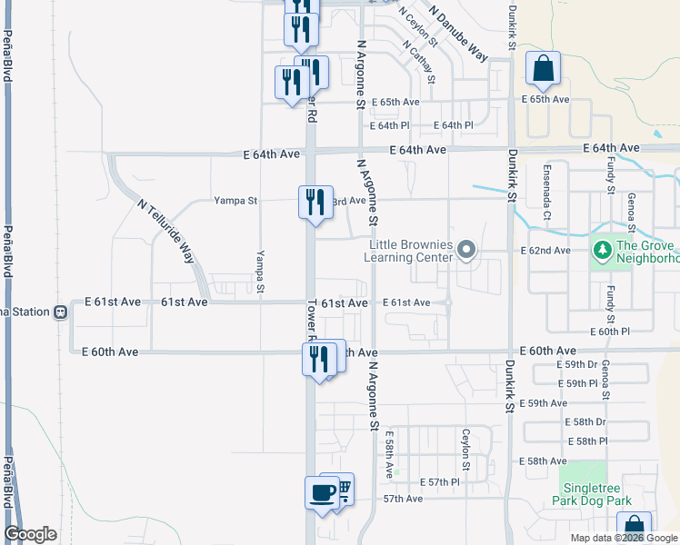 map of restaurants, bars, coffee shops, grocery stores, and more near 6208 Tower Road in Denver