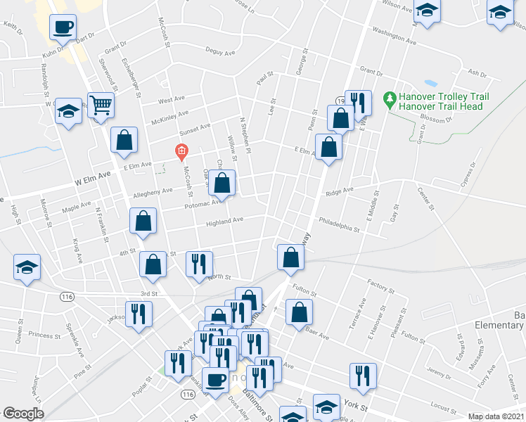 map of restaurants, bars, coffee shops, grocery stores, and more near 322 Highland Avenue in Hanover