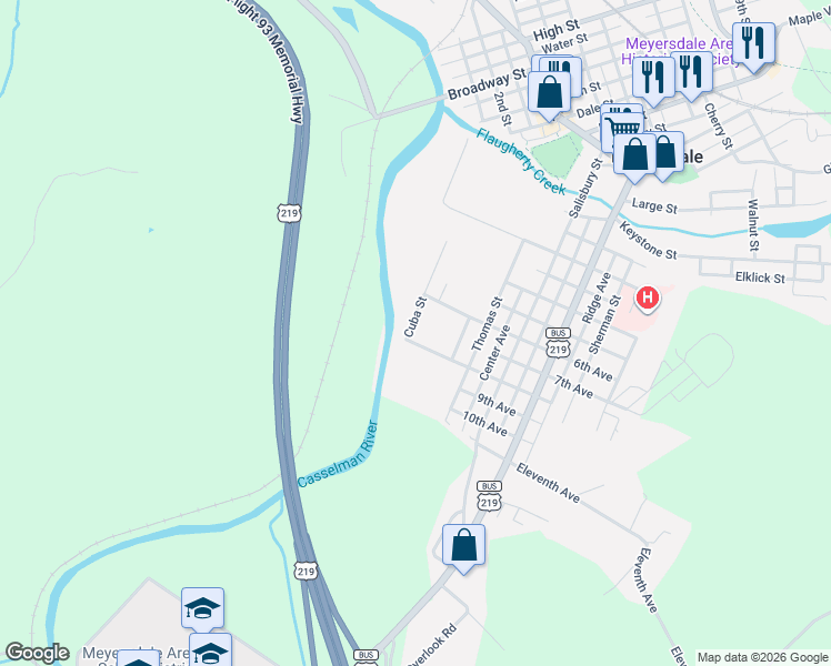 map of restaurants, bars, coffee shops, grocery stores, and more near 72 8th Avenue in Meyersdale