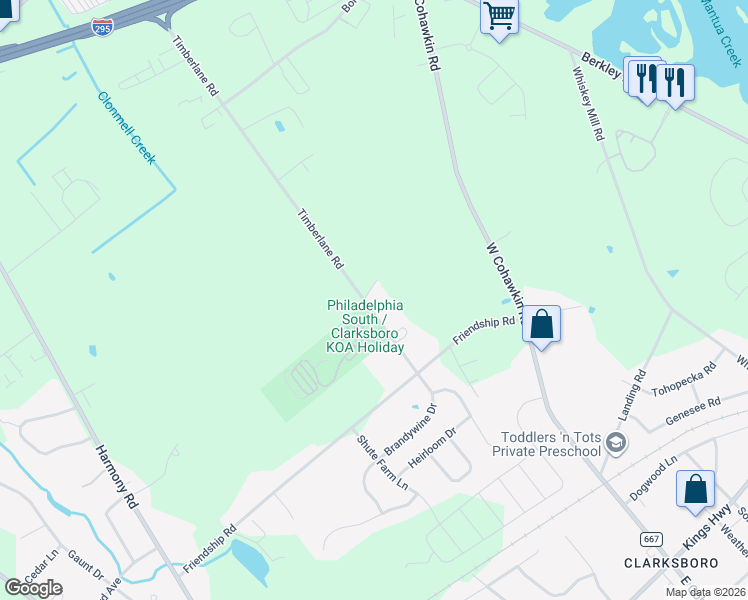 map of restaurants, bars, coffee shops, grocery stores, and more near 118 Timberlane Road in Clarksboro