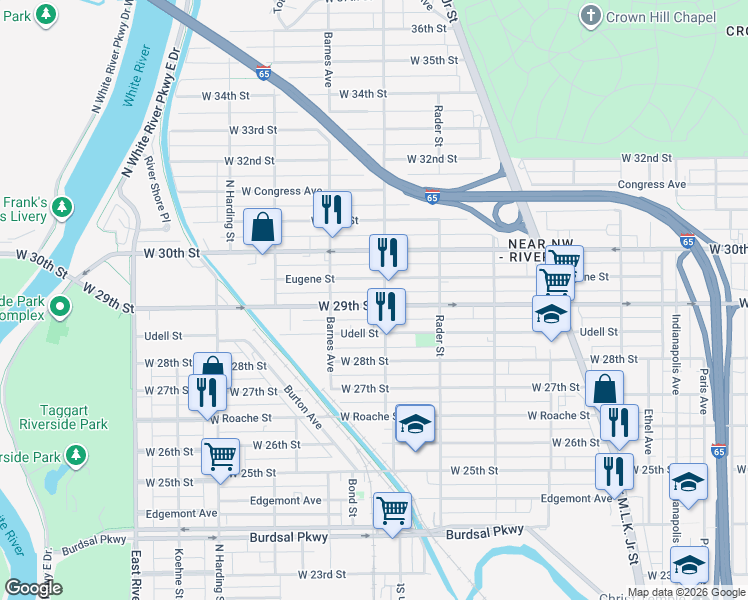 map of restaurants, bars, coffee shops, grocery stores, and more near 1118 West 29th Street in Indianapolis