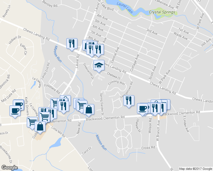 map of restaurants, bars, coffee shops, grocery stores, and more near 183 Crossing Way in Lindenwold