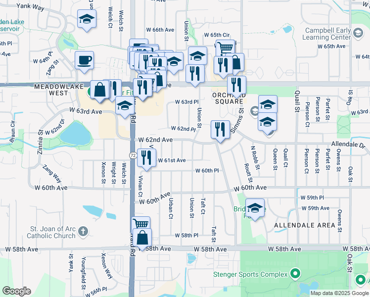 map of restaurants, bars, coffee shops, grocery stores, and more near 6166 Urban Street in Arvada