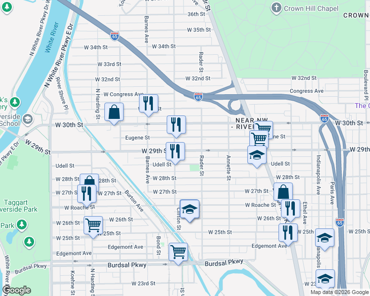 map of restaurants, bars, coffee shops, grocery stores, and more near 1044 West 29th Street in Indianapolis