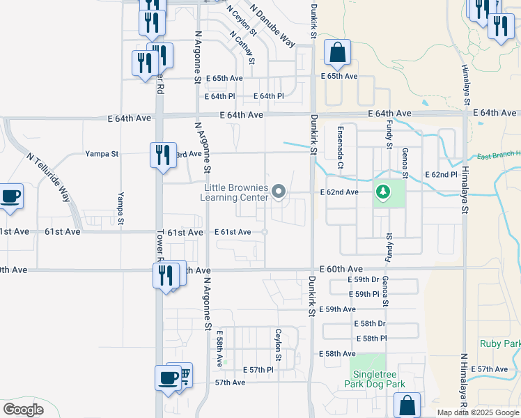 map of restaurants, bars, coffee shops, grocery stores, and more near Argonne Street in Denver