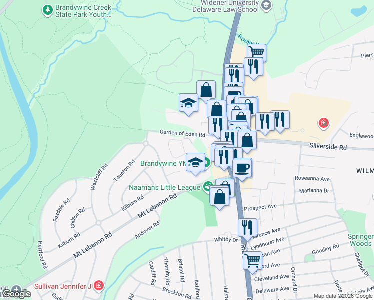 map of restaurants, bars, coffee shops, grocery stores, and more near 100 Garden of Eden Road in Wilmington