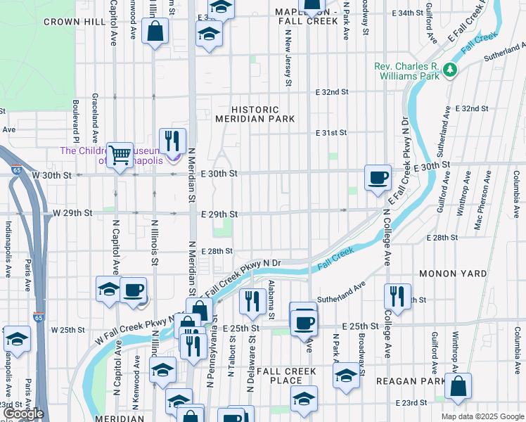 map of restaurants, bars, coffee shops, grocery stores, and more near 2902 North Washington Boulevard in Indianapolis