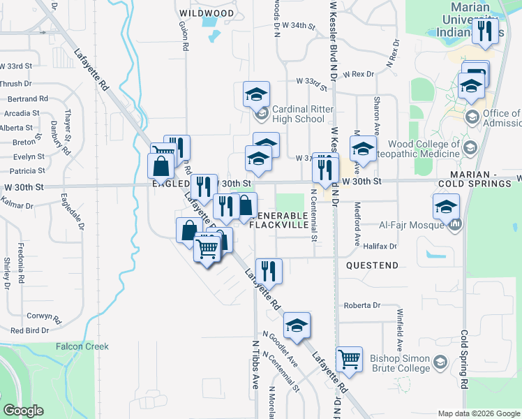 map of restaurants, bars, coffee shops, grocery stores, and more near 2953 North Tibbs Avenue in Indianapolis