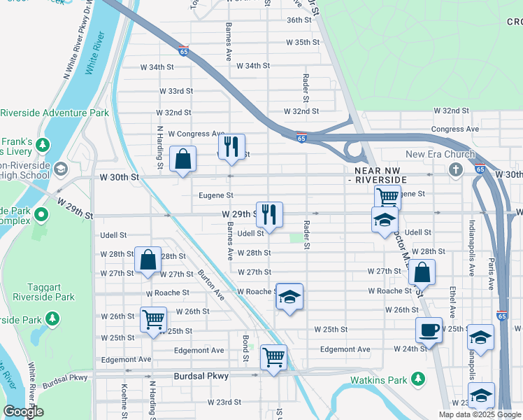 map of restaurants, bars, coffee shops, grocery stores, and more near 1110 West 29th Street in Indianapolis