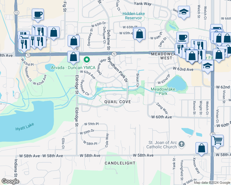 map of restaurants, bars, coffee shops, grocery stores, and more near 13665 West 61st Circle in Arvada