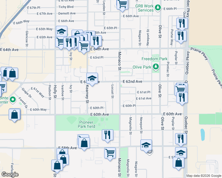 map of restaurants, bars, coffee shops, grocery stores, and more near 6151 Locust Street in Commerce City