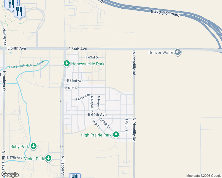 map of restaurants, bars, coffee shops, grocery stores, and more near 21400 East 61st Drive in Aurora