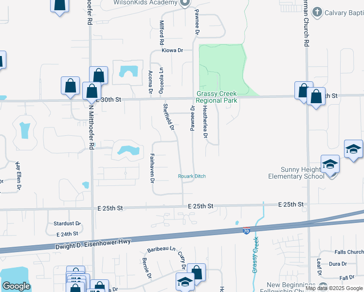 map of restaurants, bars, coffee shops, grocery stores, and more near 2737 Sheffield Dr in Indianapolis