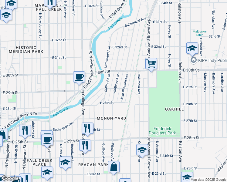 map of restaurants, bars, coffee shops, grocery stores, and more near 2832 Winthrop Avenue in Indianapolis