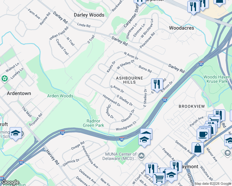 map of restaurants, bars, coffee shops, grocery stores, and more near 145 South Shelley Drive in Claymont