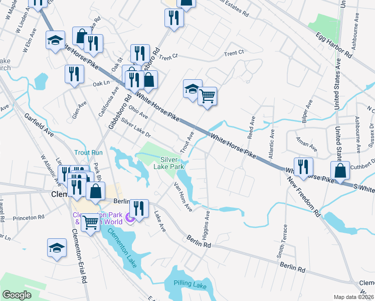 map of restaurants, bars, coffee shops, grocery stores, and more near 121 Trout Avenue in Clementon
