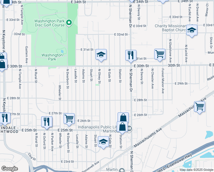 map of restaurants, bars, coffee shops, grocery stores, and more near 2862 East Gale Street in Indianapolis