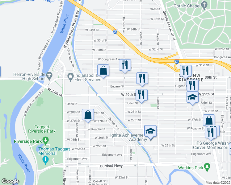 map of restaurants, bars, coffee shops, grocery stores, and more near 1242 West 29th Street in Indianapolis