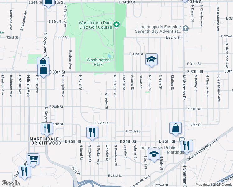 map of restaurants, bars, coffee shops, grocery stores, and more near 2867 North Dearborn Street in Indianapolis